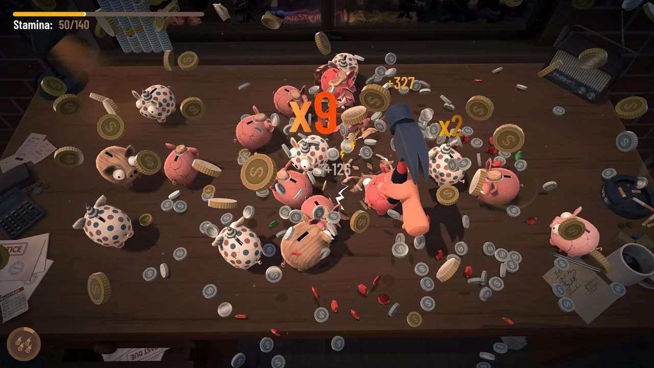 Bills Must Be Paid gameplay with a hammer, many piggy banks, scattered coins, and a visible stamina bar