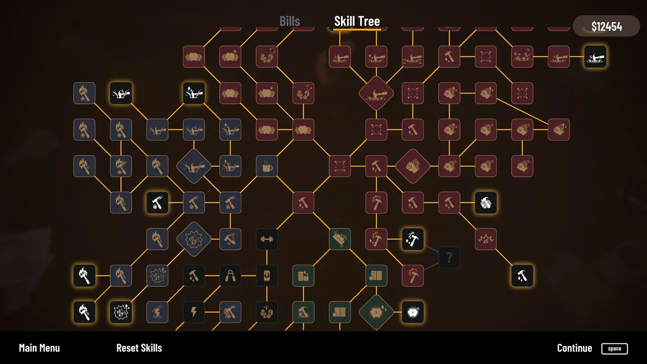 A wide Bills Must Be Paid skill tree with connected upgrade icons across several branches