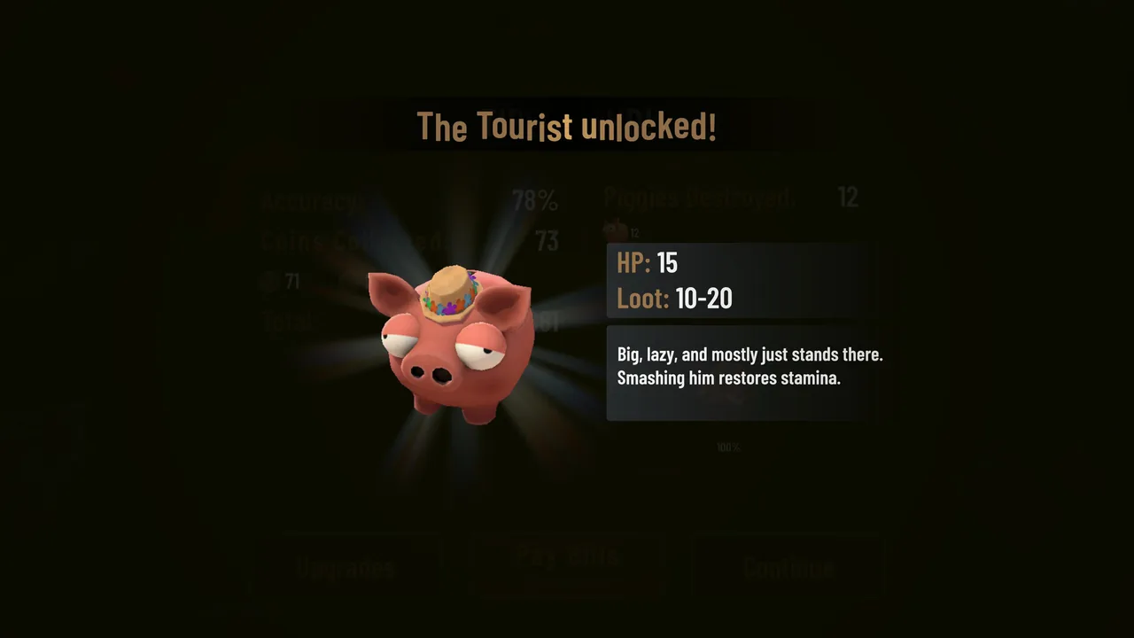 The Tourist piggy unlock panel showing the character and its stamina-related behavior